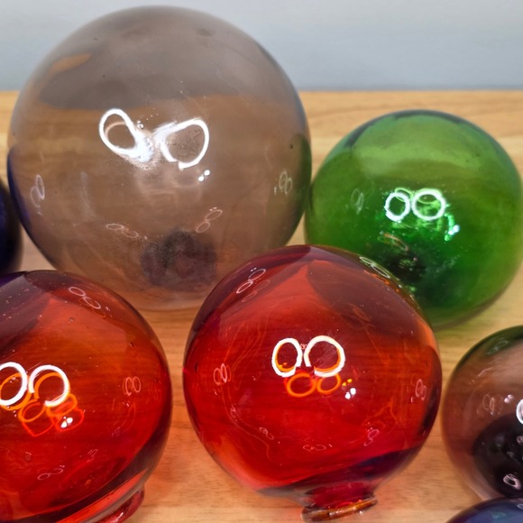 Set of 11 Vintage Large Japanese Blown Glass Fishing Float Buoys Red Blue Green - Picture 3 of 11